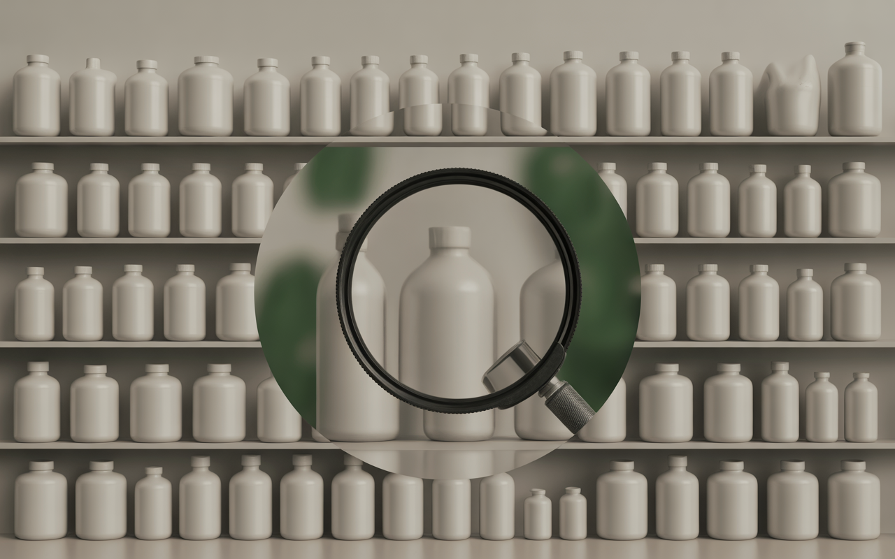 Anonymized product containers arranged on shelves with a magnifying lens for database research.