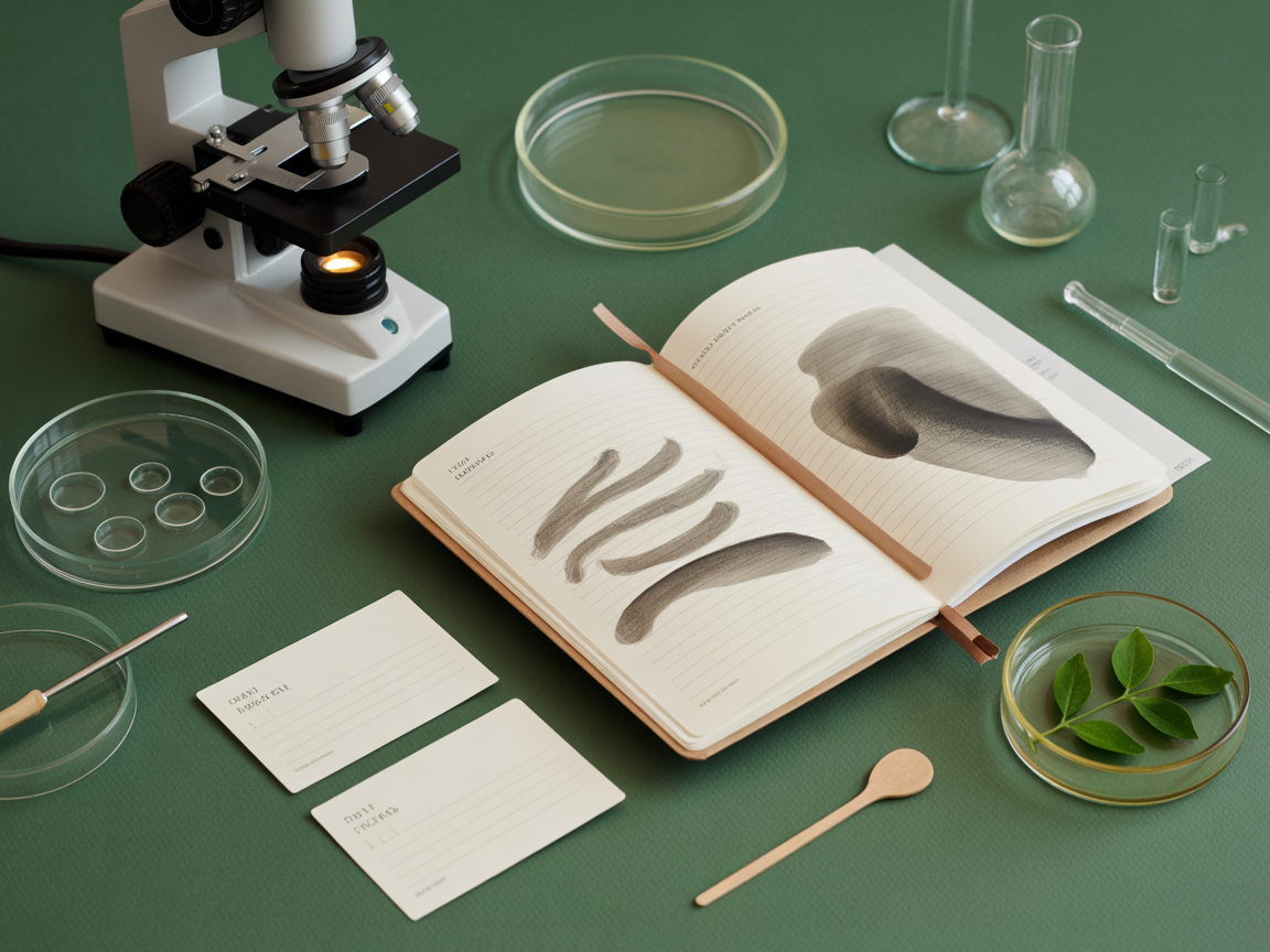 Microscope, sample dishes, and lab notebook for product safety methodology review.